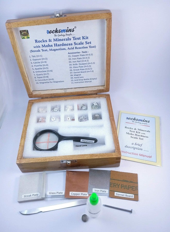 Rocksmins Rocks & Minerals Test Kit in Wooden Box with Mohs Hardness Scale Set 9 Specimens for Mohs Hardness 1 Specimen for Magnetism Test 10 Accessories for Testing of Minerals Instruction Manual - Image 3
